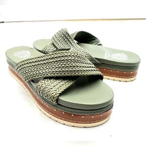 Vince Camuto Ravensal Womens 7 Moss Green Platform Sandal Weave X Strap Studded